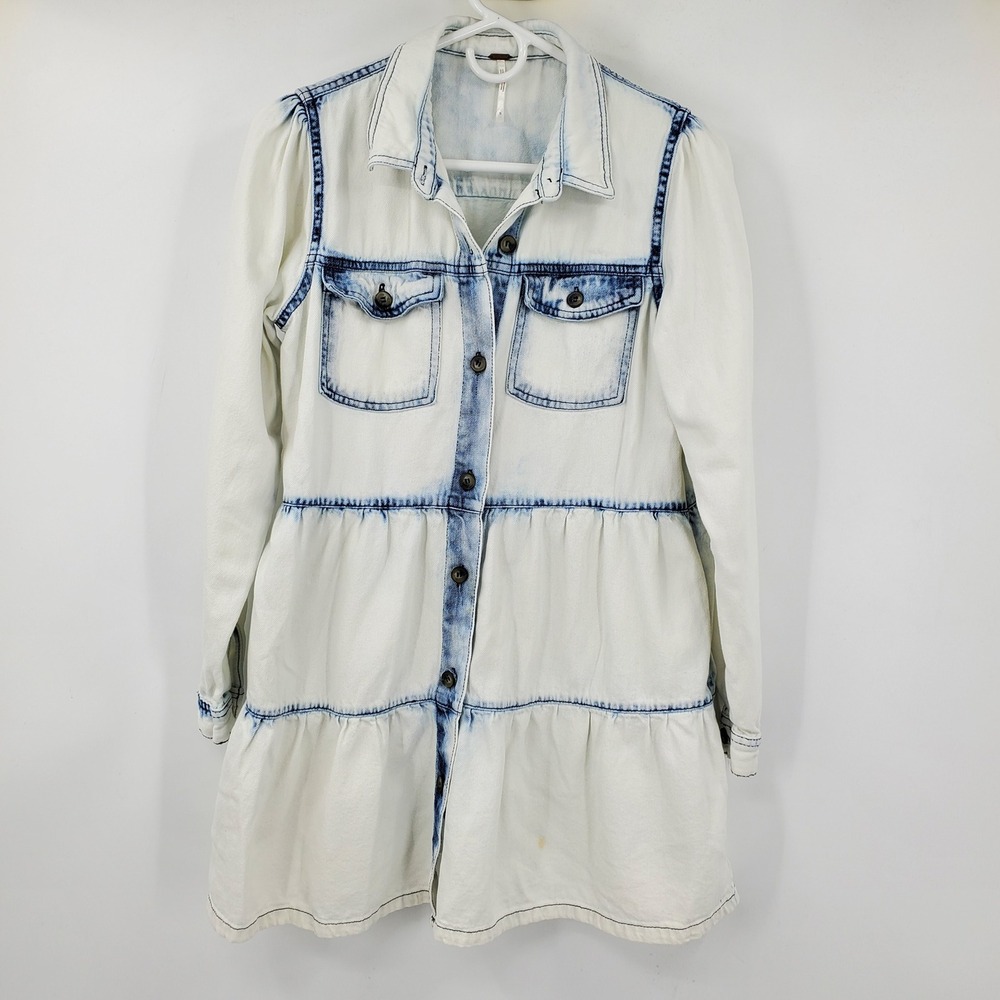 Free People White Acid Wash Denim Tiered Babydoll Mini Dress S Western Coastal